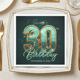 大人エレガントなゴールド+ターコイズブルーの3Dタイポグラフィーでお祝いする30歳の誕生日 スタンダードカクテルナプキン