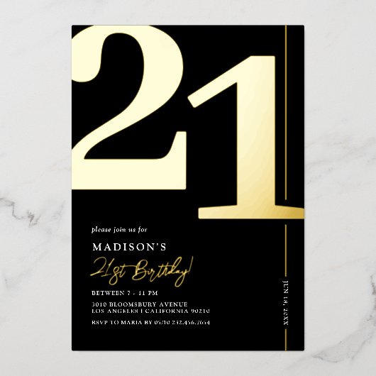 大人エレガント21歳の誕生日パーティーフォイル招待状 箔招待状 (正面)