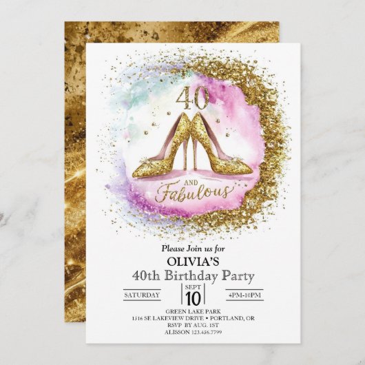 大人カスタムのデジタル金ゴールド40歳の誕生日 招待状 (正面/裏面)
