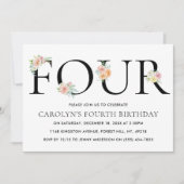 大人シンプルな花柄のフォー 4歳の誕生日 招待状 (正面)