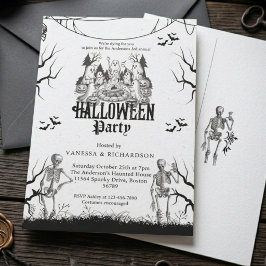 大人ハロウィンパーティー ヴィンテージ ゴシック スケルトン 招待状