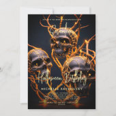 大人ハロウィン誕生日パーティー ネオン スカル モダン 招待状 (正面)