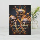 大人ハロウィン誕生日パーティー ネオン スカル モダン 招待状 (スタンド正面)