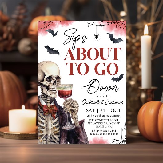 大人ハロウィン、スケルトンが飲み物を飲もうとしている 招待状