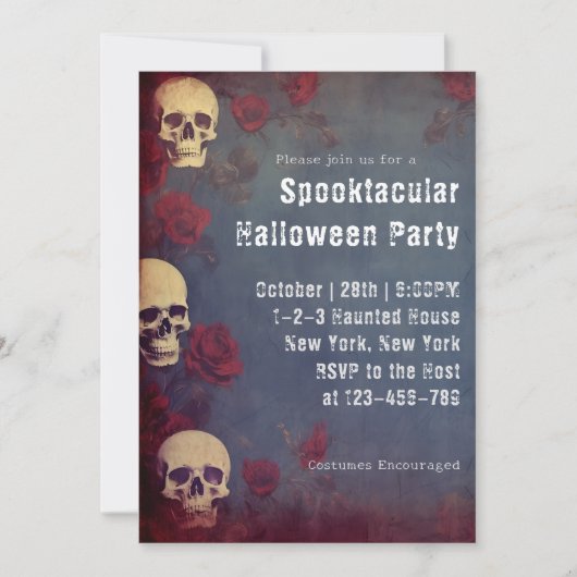 大人ハロウィーンの衣装パーティースカルとバラ 招待状 (正面)