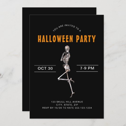 大人ハロウィーンの衣装パーティースケルトン黒い招待客 招待状 (正面/裏面)