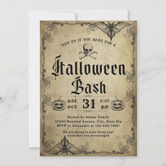 大人ハロウィーンバッシュヴィンテージゴシックスカル 招待状 (正面)