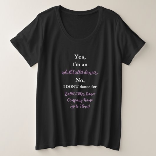 大人バレエダンサー 淡いプラム/ホワイト文字 プラスサイズTシャツ (デザイン正面)