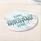 大人モダンティール(緑がかった色)誕生日 ラウンドペーパーコースター (アングル)