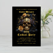 大人モダンハローウィンパーティブラック金ゴールドスカルバラ 箔招待状 (立ち正面)