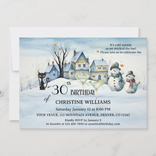 大人モダン芸術的の冬の誕生日パーティー 招待状 (正面)