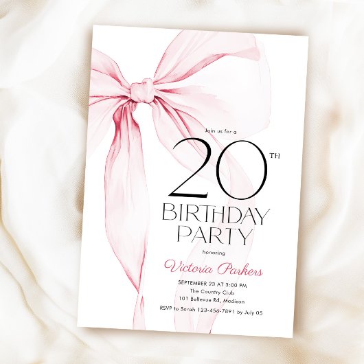 大人可愛いピンクのリボン 20歳の誕生日 招待状