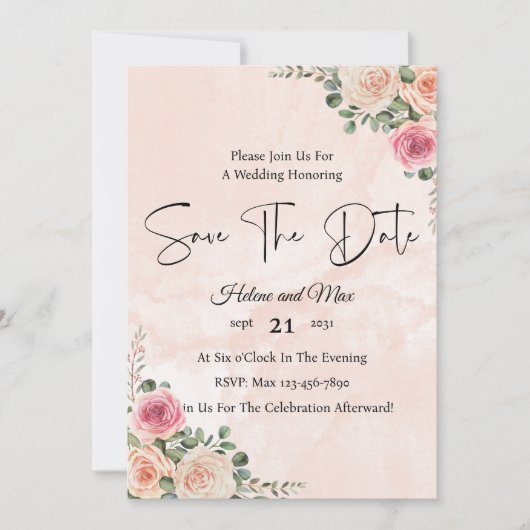 大人可愛いピンククリームフラワーの結婚式のSave the Date 招待状 (正面)