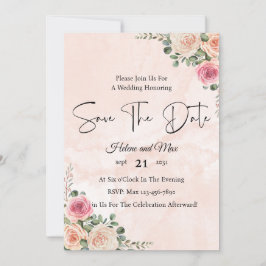 大人可愛いピンククリームフラワーの結婚式のSave the Date 招待状
