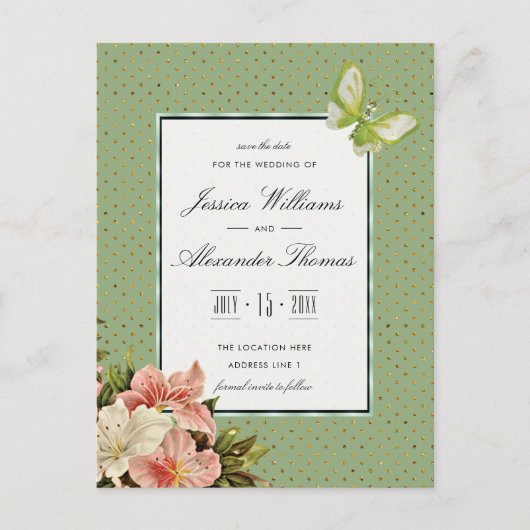 大人可愛いユリと宝石の蝶の結婚式セーブ・ザ・デート 案内ポストカード (正面)