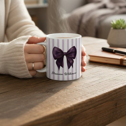 大人可愛い紫のリボンの名入れマグカップ コーヒーマグカップ