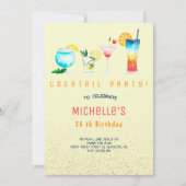 大人向けの水彩カクテル誕生日パーティー 招待状 (正面)