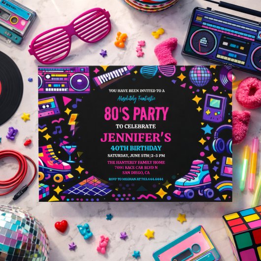 大人向けモダンレトロネオン80'sバースデー写真 招待状
