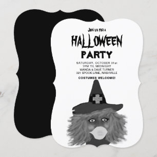 大人向け ブラック&ホワイト ウィッチ ハロウィン パーティー 招待状