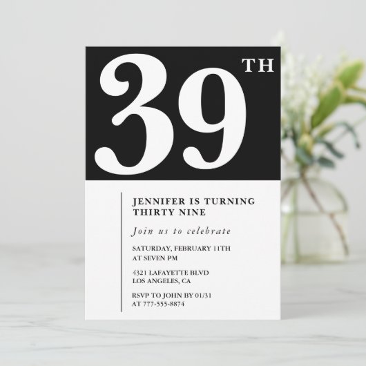 大人女子のためのシンプルな39歳の誕生日パーティーの招待状 招待状 (スタンド正面)