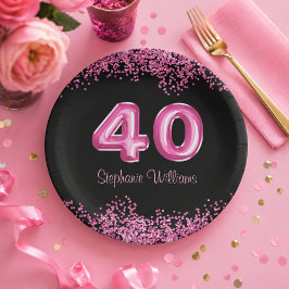 大人女子のブラックとピンクのラメ40歳の誕生日パーティー ペーパープレート
