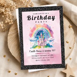 大人女子の30歳の誕生日におすすめのピンクの虹色プリンセス城のバースデーカード 招待状