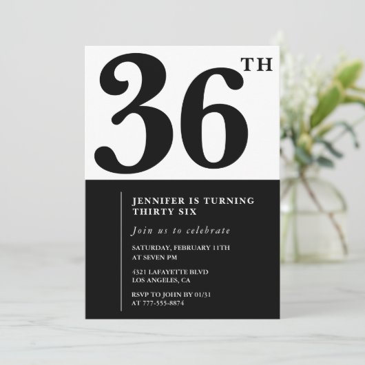 大人女子の36歳の誕生日招待状 ブラック ホワイト 招待状 (スタンド正面)