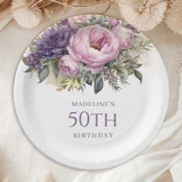 大人女性のためのエレガントな紫とピンクの花の50歳の誕生日 ペーパープレート
