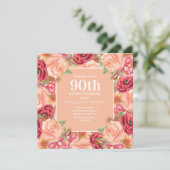 大人女性向けの上品な赤とピンクの花の90歳の誕生日パーティー 招待状 (スタンド正面)