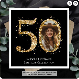 大人用ゴールドラメ50歳の誕生日写真 スタンダードカクテルナプキン
