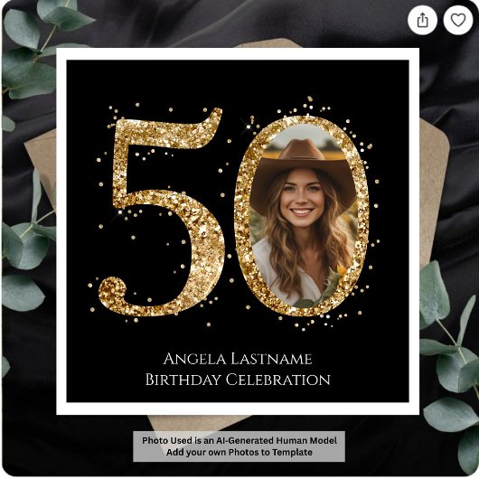 大人用ゴールドラメ50歳の誕生日写真 スタンダードカクテルナプキン