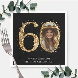 大人用ゴールドラメ60歳の誕生日写真 スタンダードカクテルナプキン