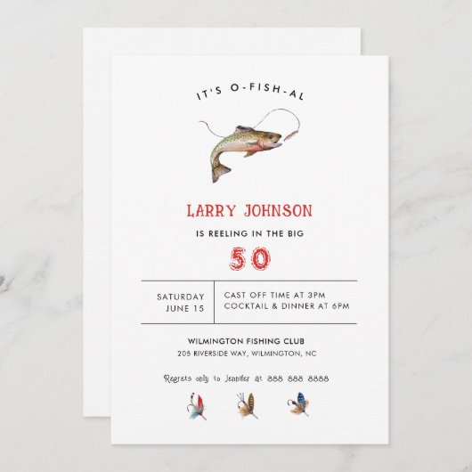 大人素朴魚釣りをテーマにした誕生日パーティー 招待状 (正面/裏面)