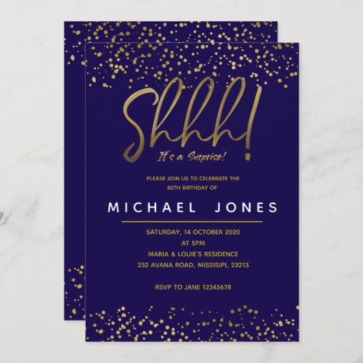 大人誕生日パーティーの招待ネイビーブルー 招待状 (正面/裏面)