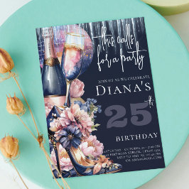 大人誕生日ブルーピンクヒールシャンパン 招待状