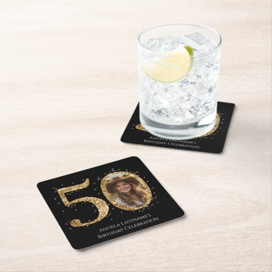 大人金ゴールドグリッター50番目の誕生日写真 スクエアペーパーコースター (インサイチュ)