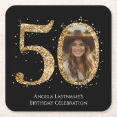 大人金ゴールドグリッター50番目の誕生日写真 スクエアペーパーコースター (正面)
