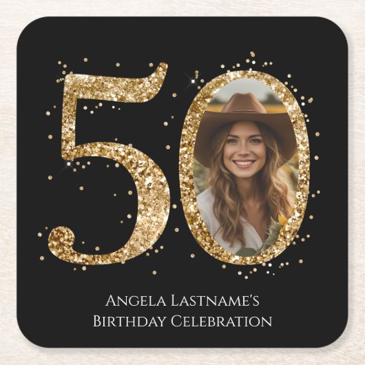 大人金ゴールドグリッター50番目の誕生日写真 スクエアペーパーコースター (正面)