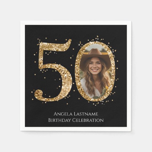 大人金ゴールドグリッター50番目の誕生日写真 スタンダードカクテルナプキン (正面)