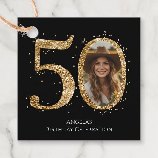大人金ゴールドグリッター50番目の誕生日写真 フェイバータグ (正面)