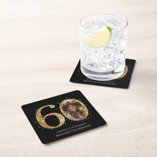 大人金ゴールドグリッター60番目の誕生日写真 スクエアペーパーコースター (インサイチュ)