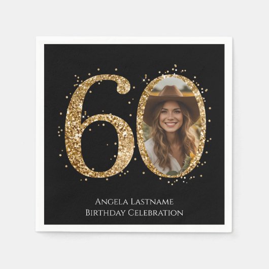 大人金ゴールドグリッター60番目の誕生日写真 スタンダードカクテルナプキン (正面)
