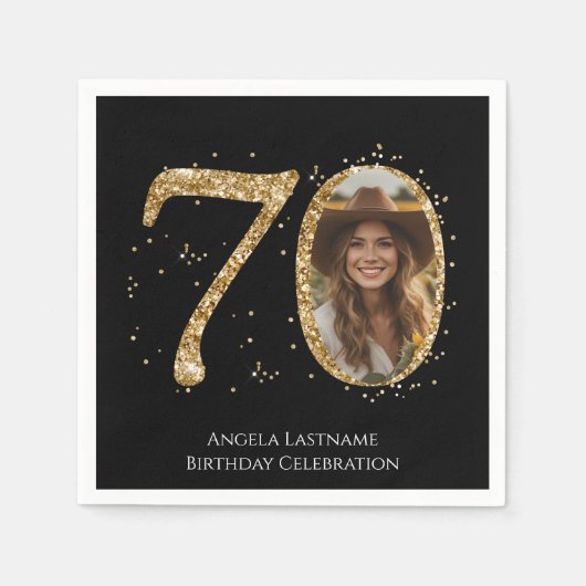 大人金ゴールドグリッター70番目の誕生日写真 スタンダードカクテルナプキン (正面)