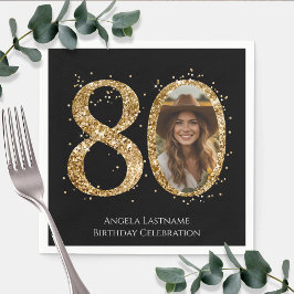 大人金ゴールドグリッター80番目の誕生日写真 スタンダードカクテルナプキン