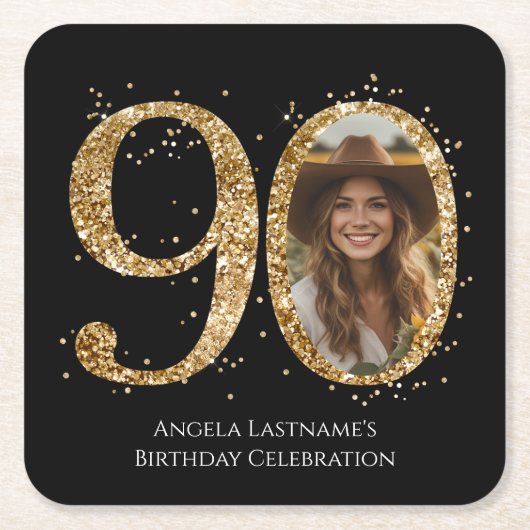 大人金ゴールドグリッター90番目の誕生日写真 スクエアペーパーコースター (正面)