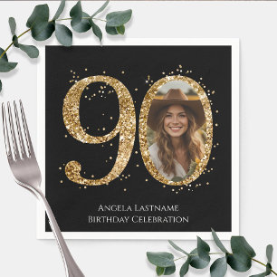 大人金ゴールドグリッター90番目の誕生日写真 スタンダードカクテルナプキン