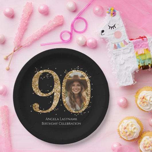 大人金ゴールドグリッター90番目の誕生日写真 ペーパープレート (パーティー)