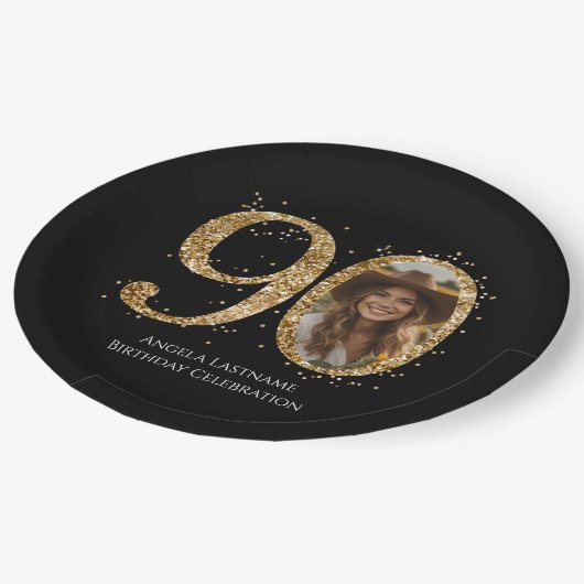 大人金ゴールドグリッター90番目の誕生日写真 ペーパープレート (アングル)