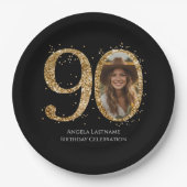 大人金ゴールドグリッター90番目の誕生日写真 ペーパープレート (正面)
