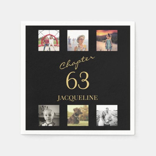 大人6枚フォトブラックと金ゴールド任意の年齢の誕生日 スタンダードカクテルナプキン (正面)